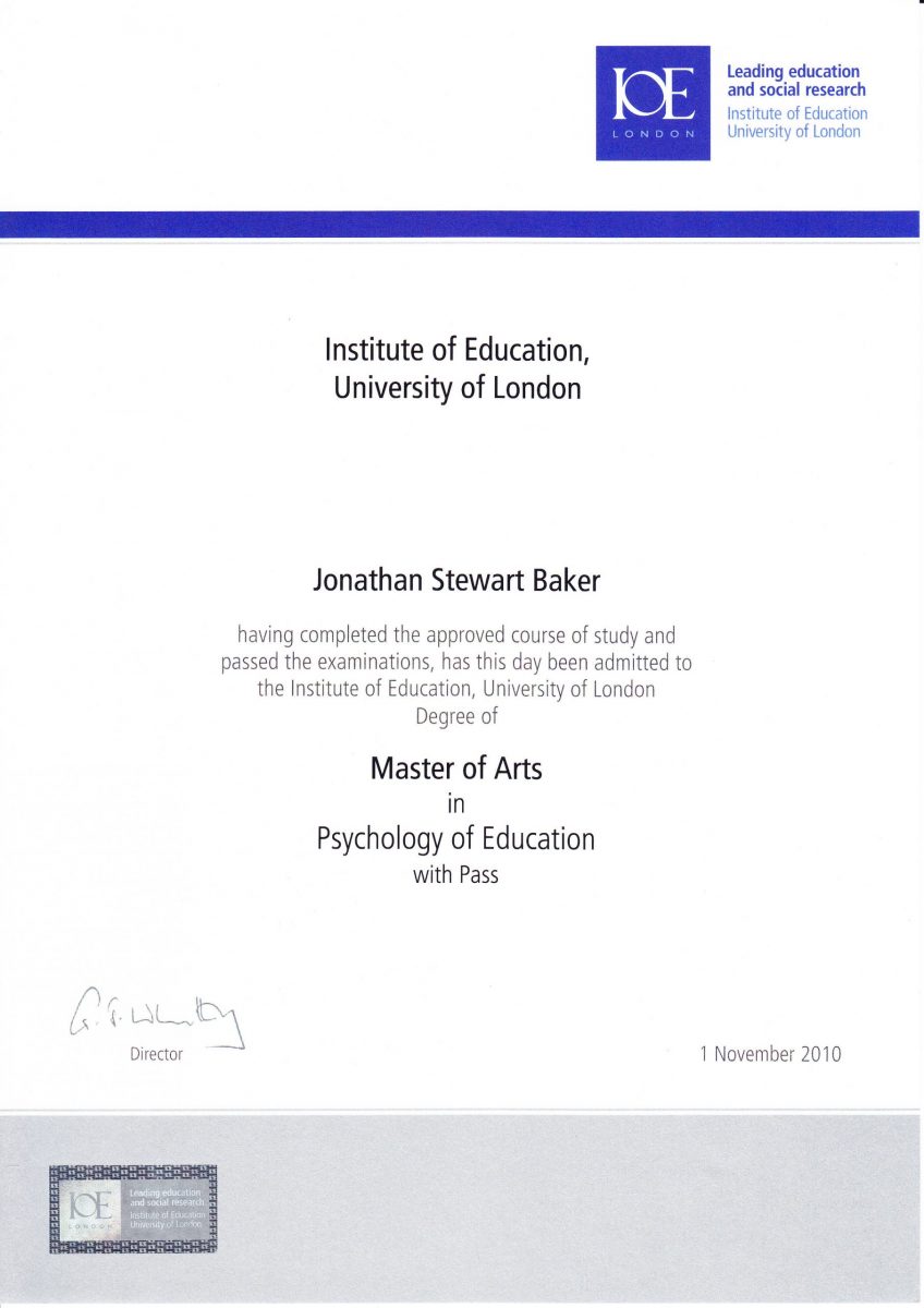 Jonny Bakerr's MA Psychology of Education certificate