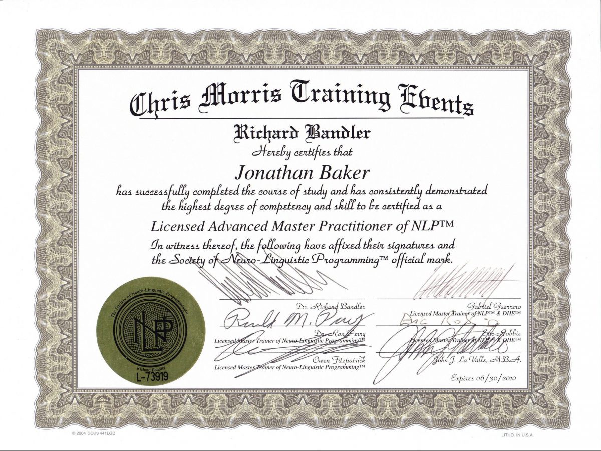 Jonny Baker's Certificate for NLP Advanced Master Practitioner