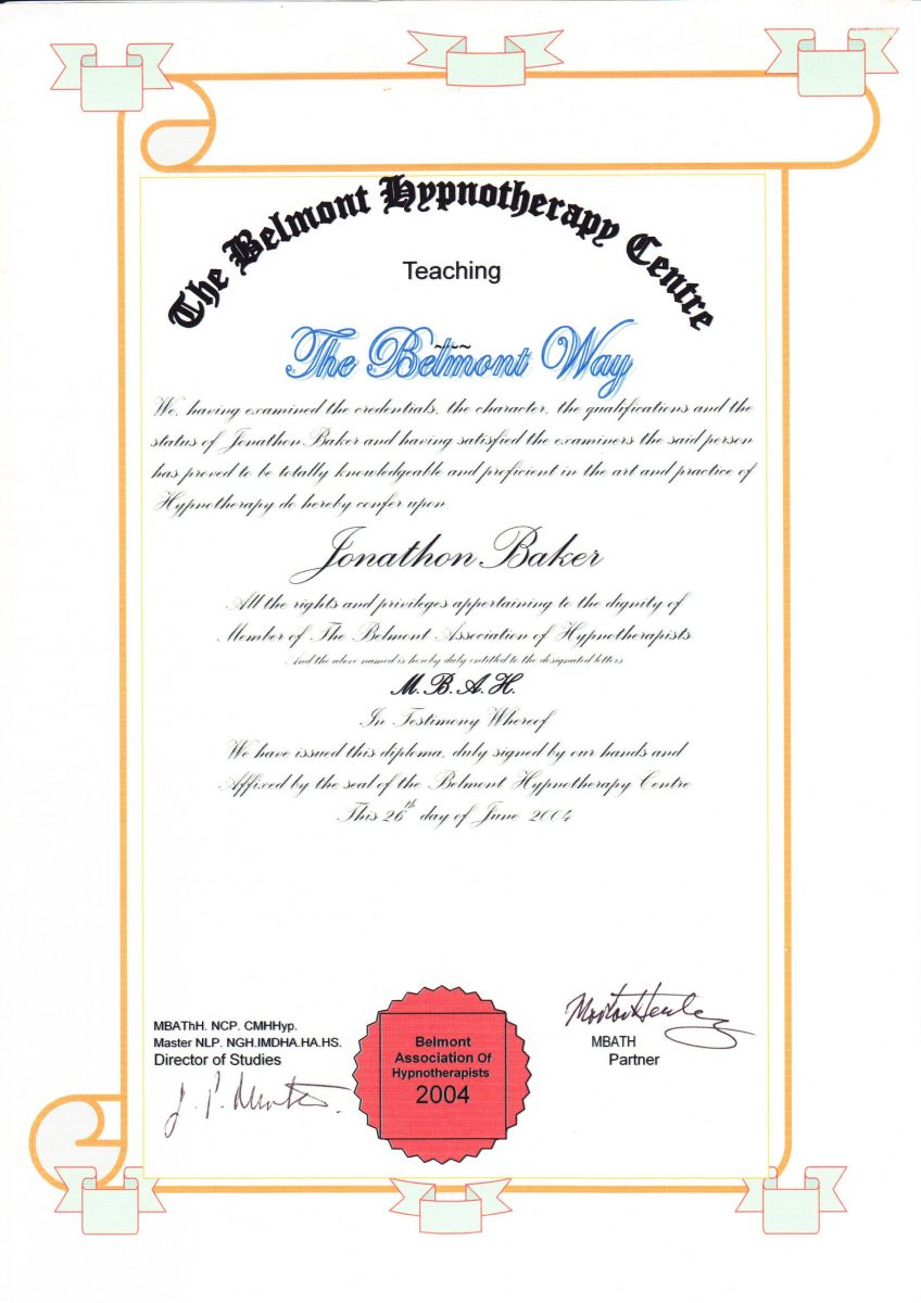 Jonny Baker's Hypnotherapy diploma certification